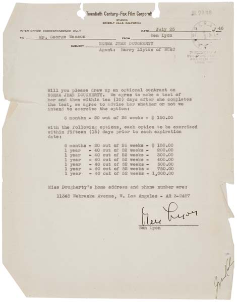 MARILYN MONROE Internal memo from Ben Lyon to George Wasson requesting a contract for Norma Jeane Dougherty. July 25, 1946.